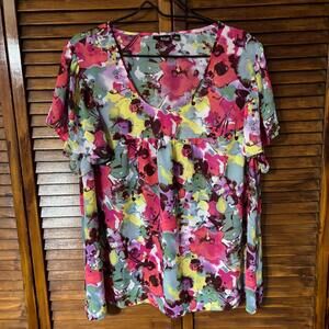a.n.a Women's Sheer Top - Colorful Floral, Short Sleeve - Size XL